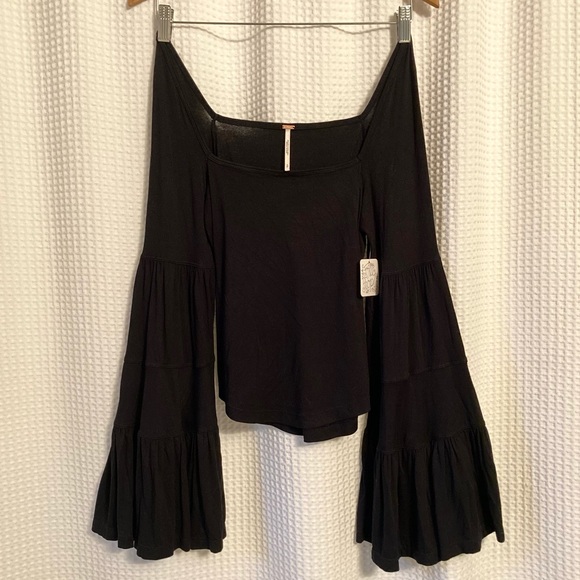 NWT Free People Bell Sleeve Top | Black Off the Shoulder - Picture 3 of 9